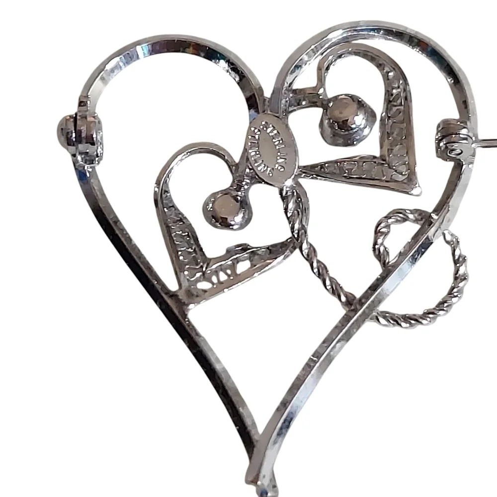 Vintage Sterling Silver Aurora Borealis Filigree Heart Brooch Pin
